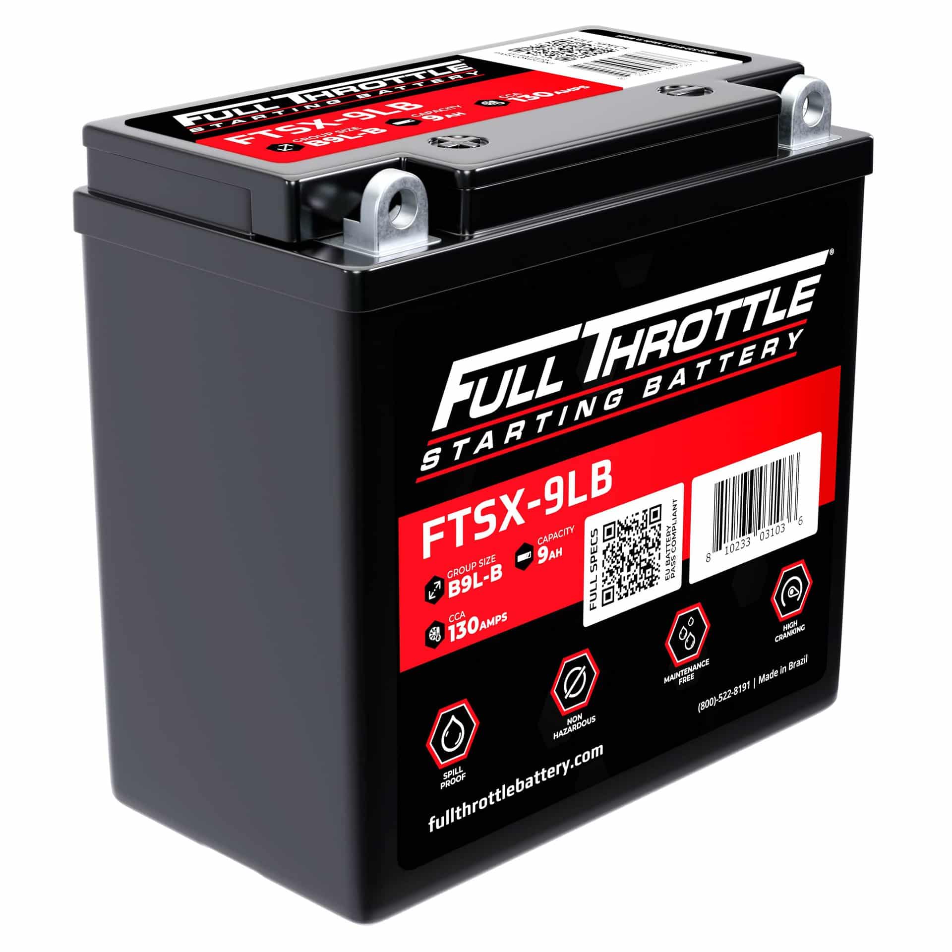 A black Full Throttle starting battery labeled FTSX-9LB.