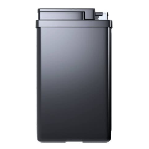 A sleek, modern black kitchen trash can with a rectangular shape and a flat lid.