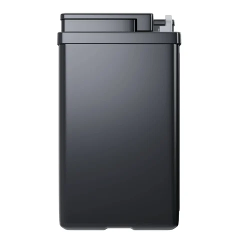 A tall, rectangular, black trash can with a closed lid, shown from the front.