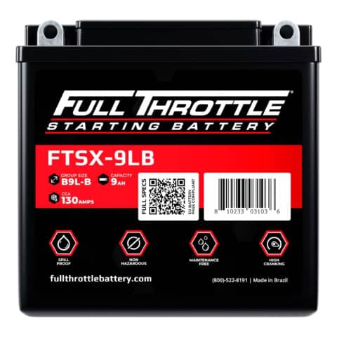 Black Full Throttle starting battery, model FTSX-9LB, with specifications on the front label, including 9Ah capacity and 130 CCA, made in Brazil.