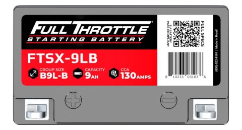 Close-up of a Full Throttle starting battery, model FTSX-9LB, with a capacity of 9Ah and 130 CCA.