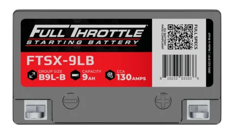 Car battery labeled "Full Throttle Starting Battery, FTSX-9LB," with a capacity of 9 Ah and 130 CCA. Includes a barcode and QR code on the label.