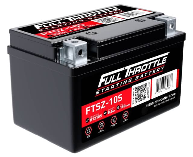 Black car battery labeled "Full Throttle Starting Battery" with model number FTSZ-10S. Features include 12V, 8.6Ah, 160 CCA, and website URL on the side.