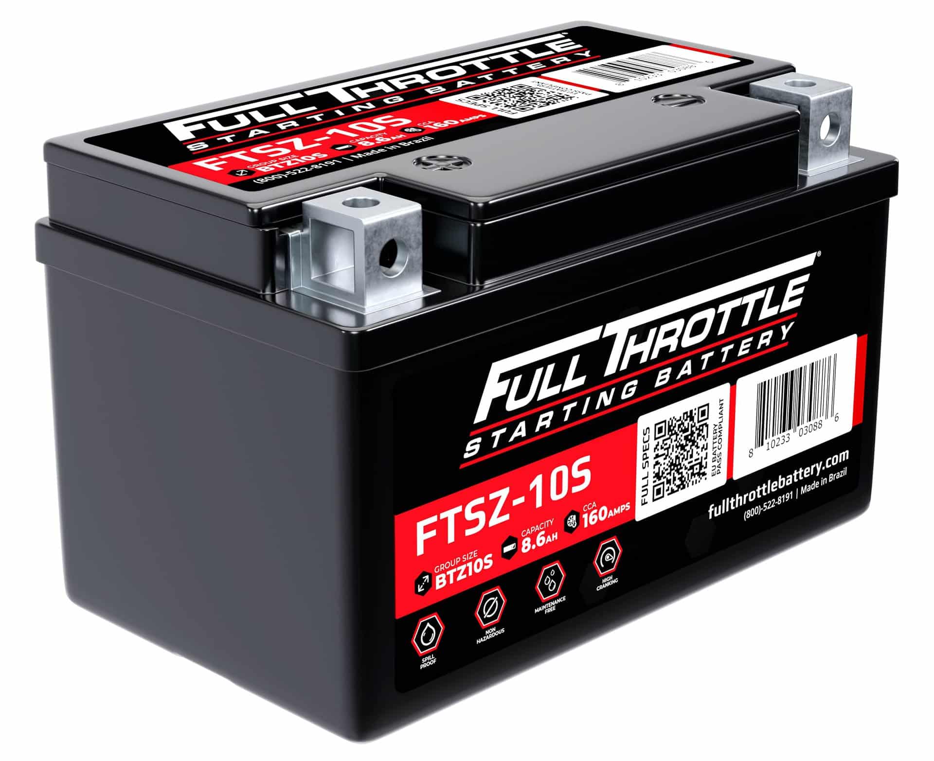 Black car battery labeled "Full Throttle Starting Battery" with model number FTSZ-10S. Features include 12V, 8.6Ah, 160 CCA, and website URL on the side.