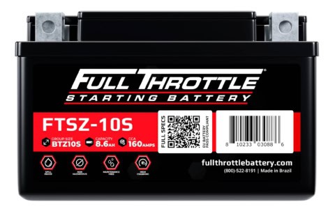 A Full Throttle starting battery, model FTSZ-10S, is shown with specifications and a barcode on the front.