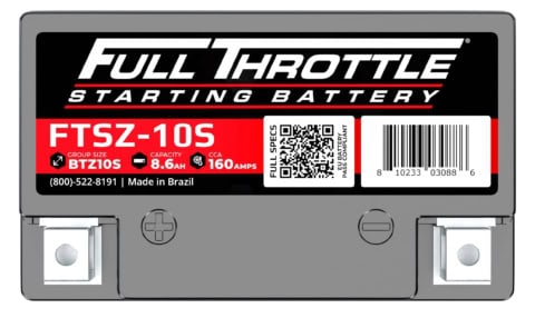 Image of a Full Throttle starting battery, model FTSZ-10S, made in Brazil. Capacity: 8.6 Ah, CCA: 160 amps. Includes a barcode and contact information.