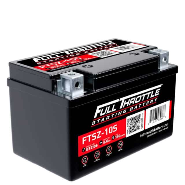 A black Full Throttle battery labeled FTSZ-10S with specifications printed on the side and top.