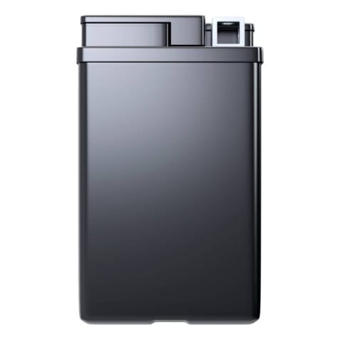 A sleek, black rectangular container with a hinged lid and a small latch on top.