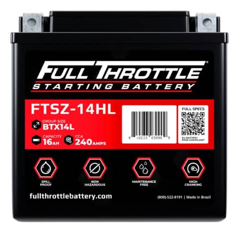 Full Throttle starting battery, model FTSZ-14HL, featuring 16Ah capacity, 240 CCA, spill-proof, non-hazardous, maintenance-free, high cranking power. Made in Brazil.