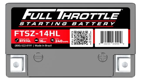 Label on a Full Throttle starting battery, model FTSZ-14HL, with specifications including 16Ah capacity, 240 CCA, and a QR code. Made in Brazil.