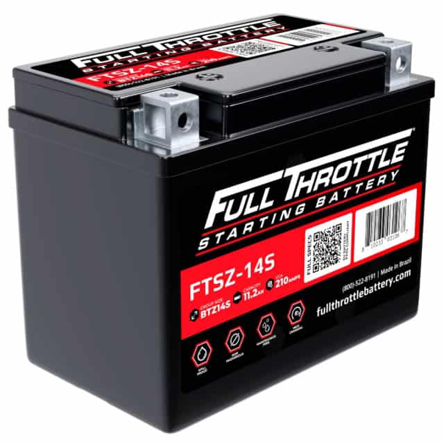 Black Full Throttle starting battery, model FTSZ-14S, featuring a QR code and branding details on the label.