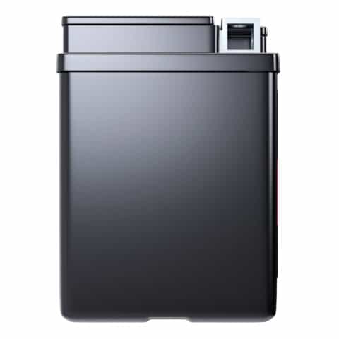 Sleek black rectangular metal lighter with a top lid, standing upright.