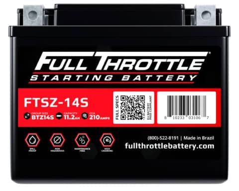 Car battery with "Full Throttle" branding. Model FTSZ-14S, capacity 11.2Ah, 210CCA. Features: non-hazardous, maintenance-free, high cranking. Made in Brazil. FullThrottleBattery.com.