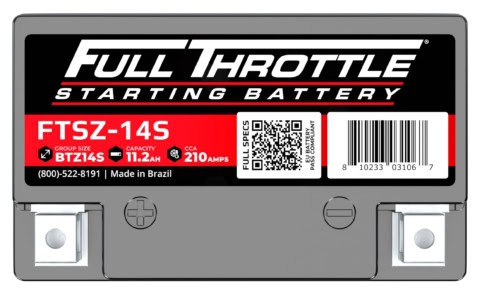 A Full Throttle FTSZ-14S starting battery, gray with a black and red label, displaying specs like 11.2 Ah capacity and 210 CCA. Made in Brazil with a QR code and barcode.