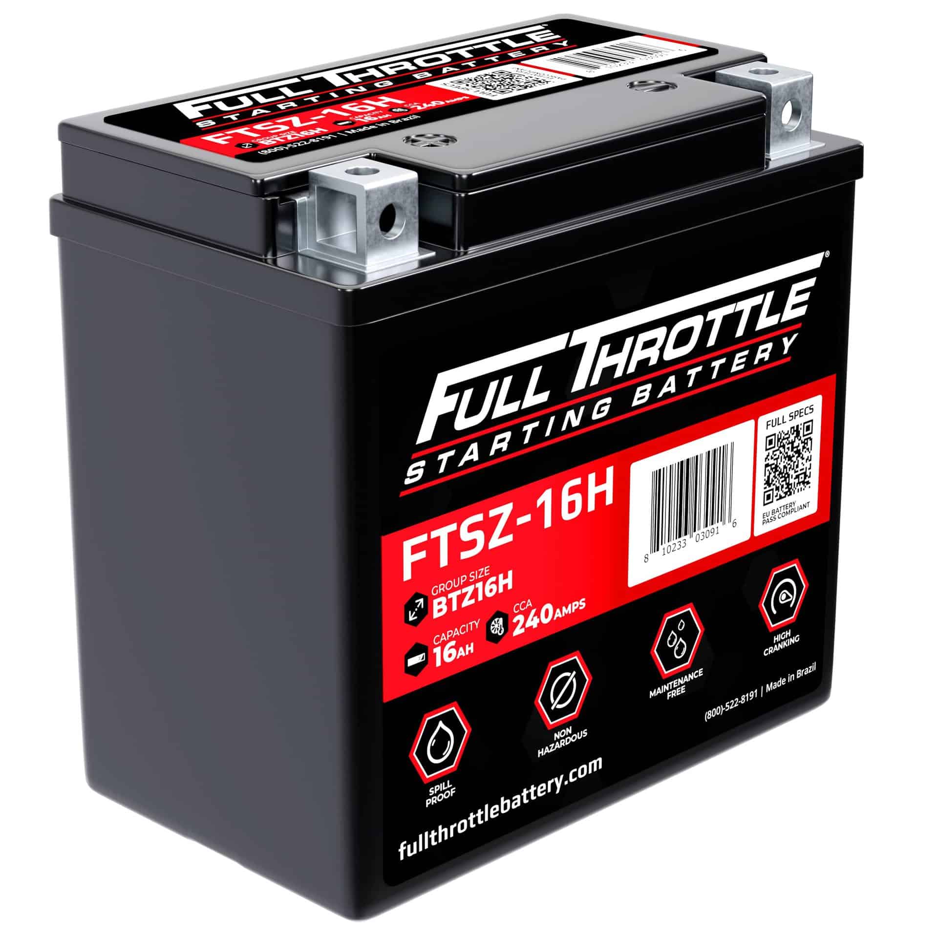 A Full Throttle starting battery, model FTSZ-16H, with specifications: 16Ah capacity, 240 amps, on a white background.