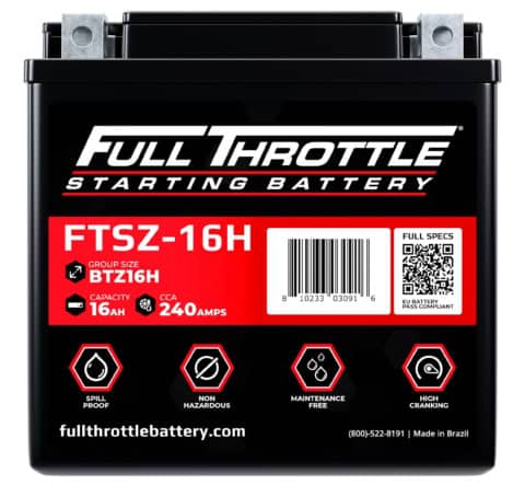 Image of a Full Throttle starting battery, model FTSZ-16H. Capacity: 16Ah, CCA: 240 Amps. Features include spill-proof, non-hazardous, maintenance-free, and high cranking. Made in Brazil.