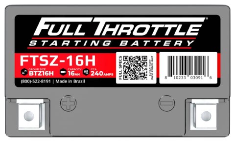 Close-up of a Full Throttle starting battery label showing model FTSZ-16H, made in Brazil, with specifications and a barcode.