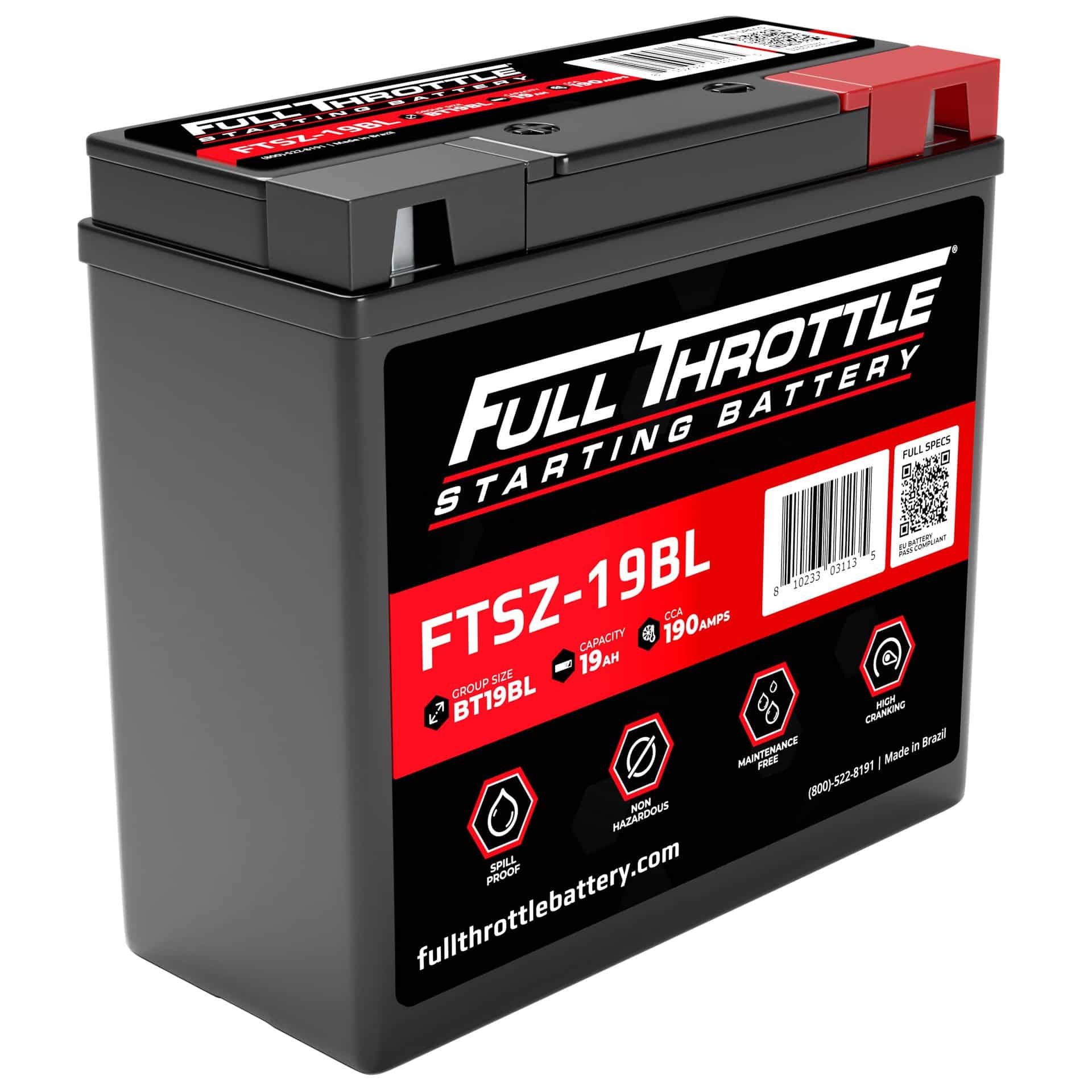 A Full Throttle starting battery, model FTSZ-19BL, with specifications and branding visible on the label.