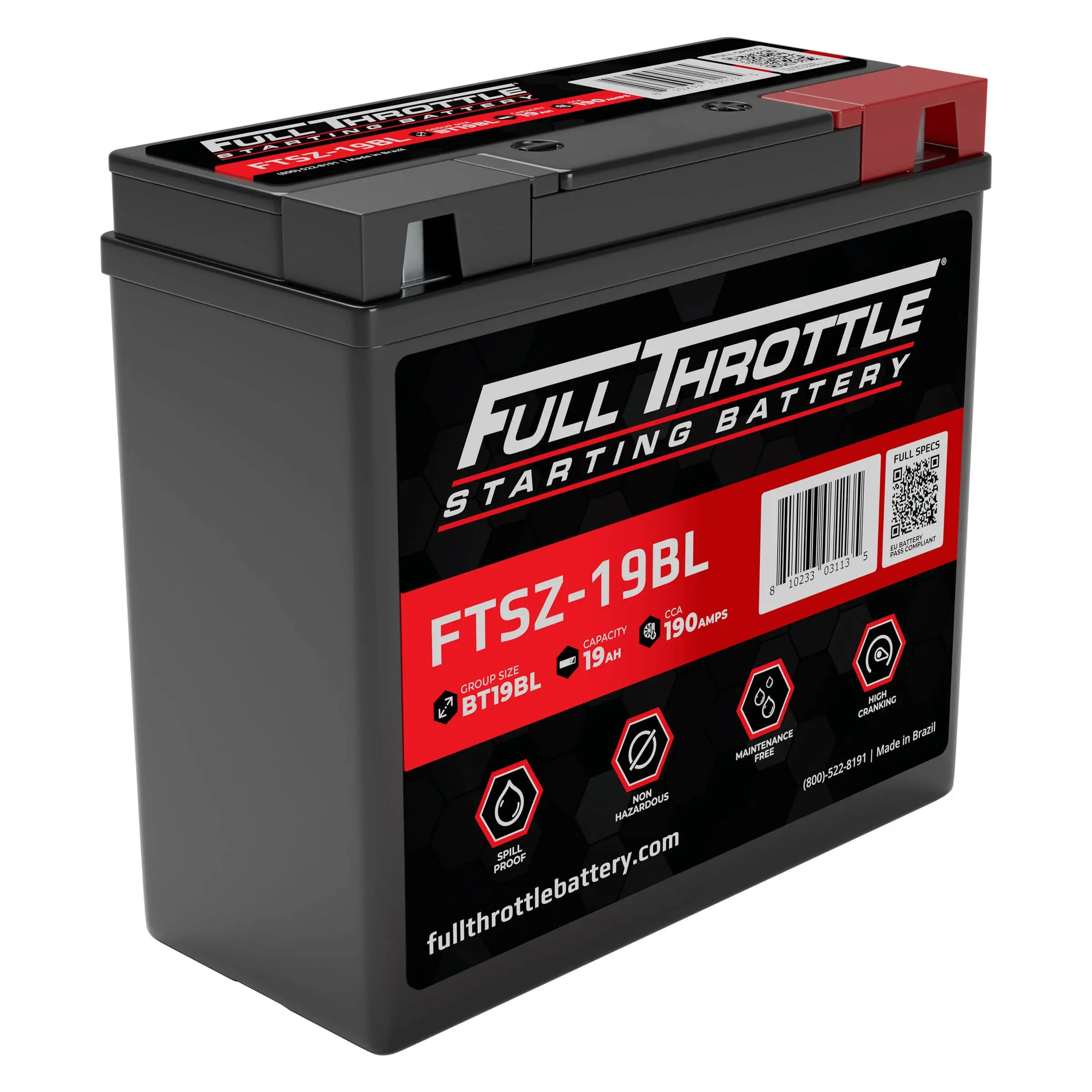 A Full Throttle starting battery model FTSZ-19BL with specifications, including 19 amp hours and 390 cold cranking amps.