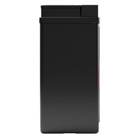 A tall, rectangular black container with a closed lid, viewed from the side.