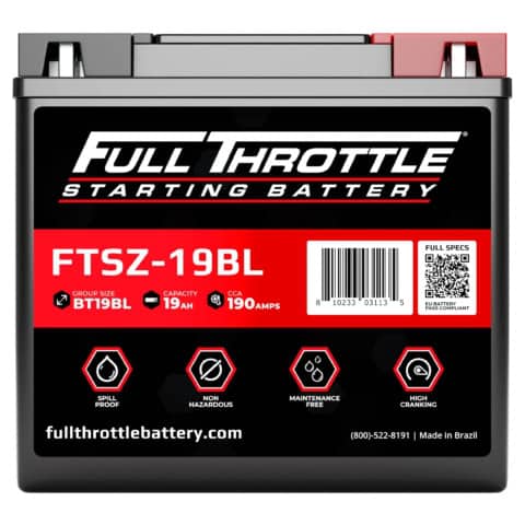 Black and red car battery labeled "Full Throttle Starting Battery" with specifications including FTSZ-19BL, 19Ah, and 190 CCA. Features icons indicating spill proof, non-hazardous, maintenance free, and high cranking.