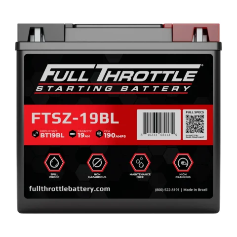 Car battery with "Full Throttle Starting Battery" branding, model FTSZ-19BL, 19Ah capacity, 190 CCA. Features include spill-proof, non-hazardous, maintenance-free, high cranking.