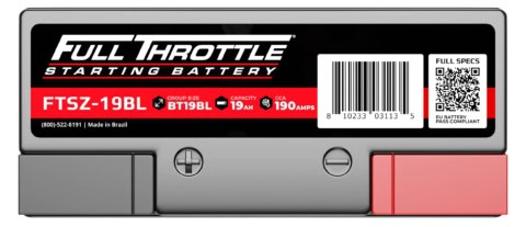 Image of a Full Throttle FTSZ-19BL starting battery with capacity 19Ah and CCA 190 amps. The battery has a black label and red positive terminal. Made in Brazil.