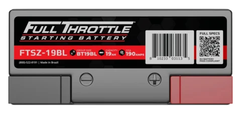 Image of a Full Throttle starting battery labeled FTSZ-19BL. Features include 19Ah capacity and 190 CCA. The battery is made in Brazil with a barcode and QR code visible on the label.