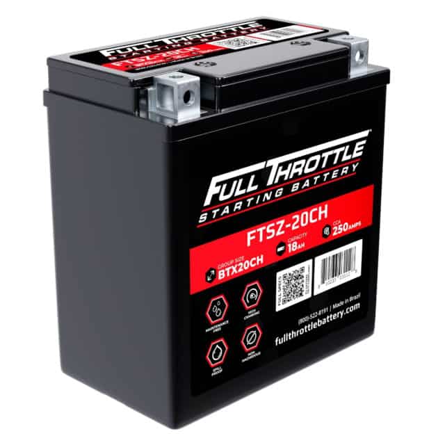 Black Full Throttle FTSZ-20CH starting battery with red and white labels detailing specifications and brand information.