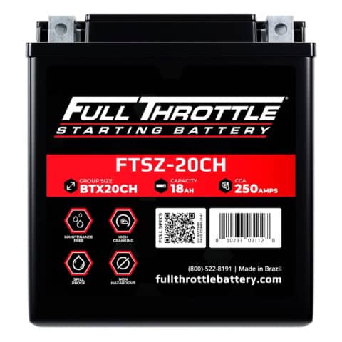 Full Throttle starting battery, model FTSZ-20CH, with features: maintenance-free, high cranking, spill-proof, and non-hazardous. Made in Brazil. Capacity: 18Ah, CCA: 250 Amps.