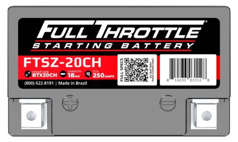 A Full Throttle starting battery with model FTSZ-20CH. It has an 18Ah capacity and 250CCA. QR code and barcode are visible. Made in Brazil.