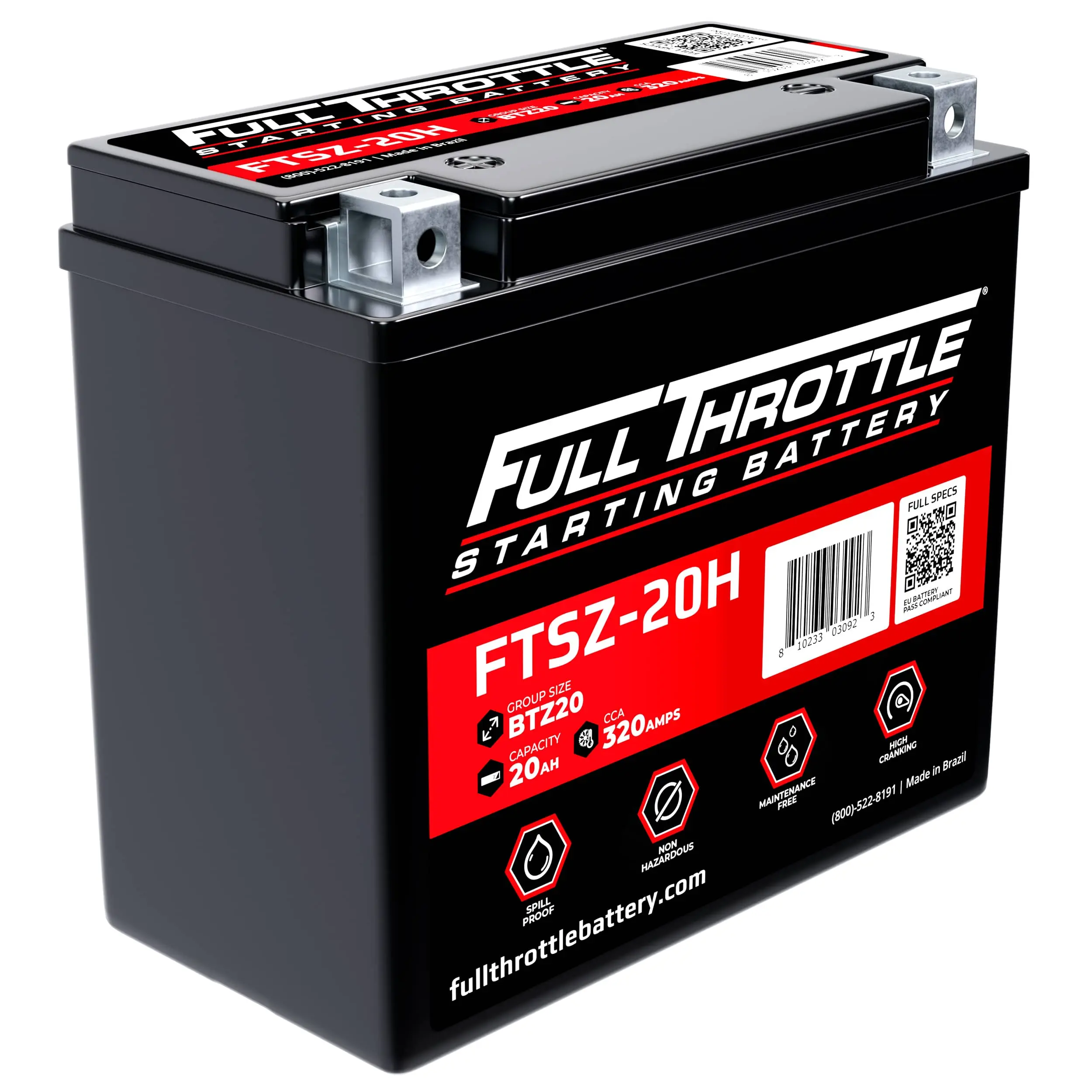 A black Full Throttle starting battery with model FTSZ-20H, featuring a capacity of 20Ah and 320 amps, shown against a white background.