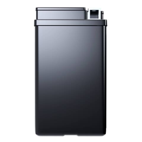 A tall, rectangular black waste bin with a closed lid and foot pedal.