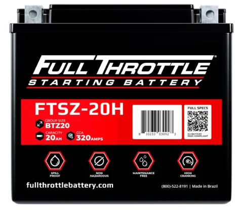 Full Throttle starting battery, model FTSZ-20H. Capacity: 20Ah, CCA: 320 AMPS. Features: spill-proof, non-hazardous, maintenance-free, high cranking. Made in Brazil.