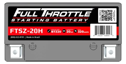 Image of a Full Throttle starting battery, model FTSZ-20H, with details on group size BTZ20, capacity 20Ah, and 320 CCA. Made in Brazil, with a barcode and contact number visible.