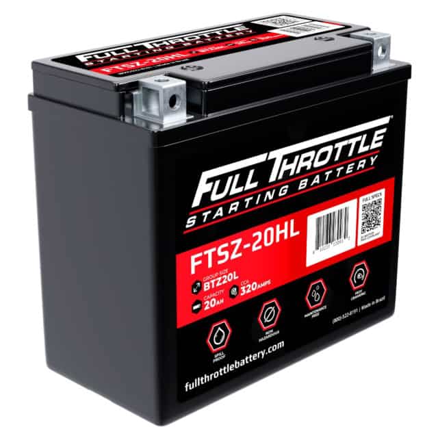 Image of a Full Throttle starting battery model FTSZ-20HL, featuring a black and red design with specifications listed on the label.