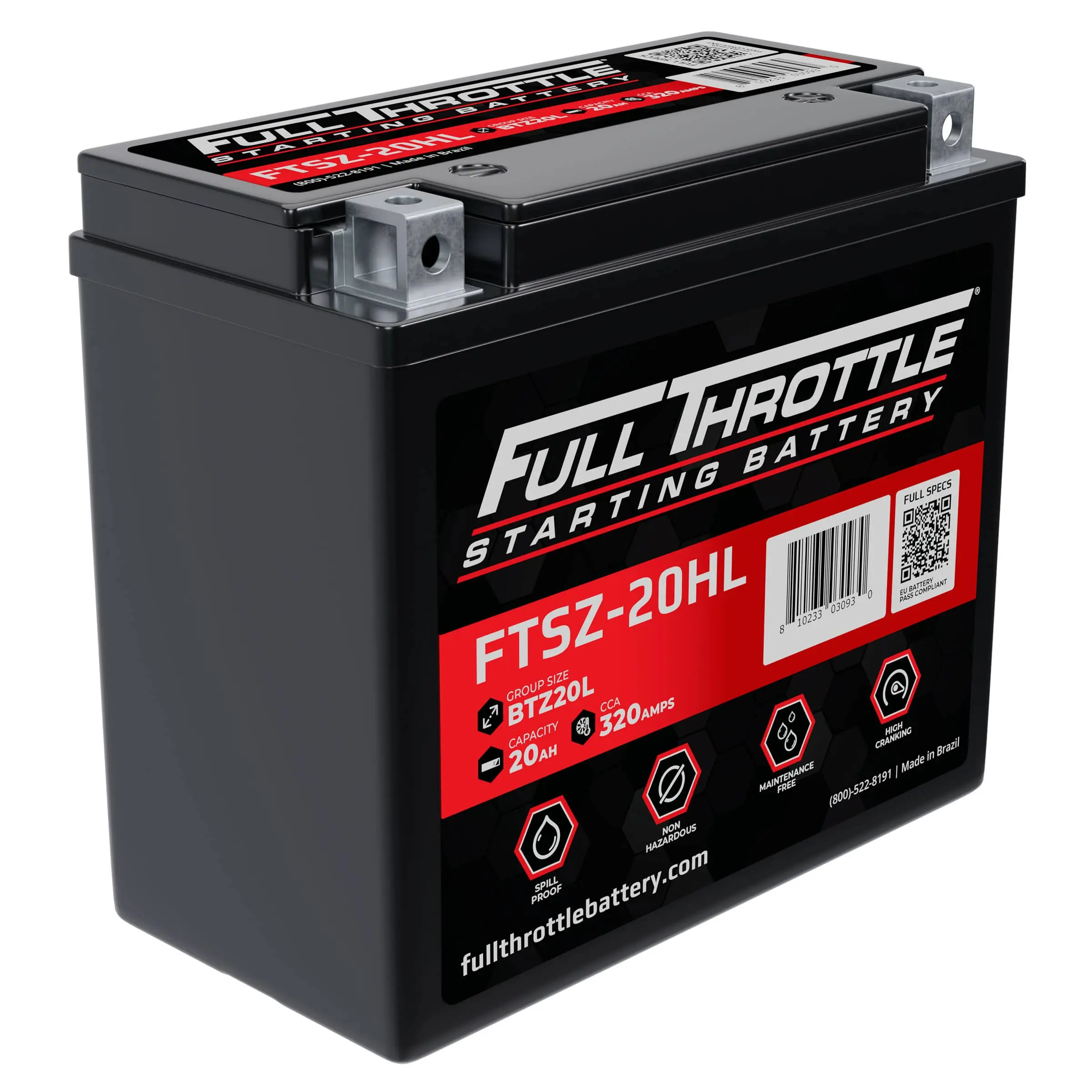 A rectangular full throttle starting battery with red and black labeling, showing the model FTSZ-20HL and specifications on the sides.