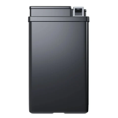 A tall, rectangular black trash can with a flip-top lid, shown from the front.