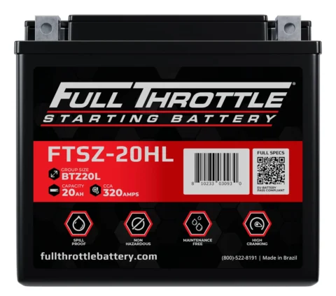 Full Throttle starting battery, model FTSZ-20HL, with 20Ah capacity and 320CCA. Features spill-proof, non-hazardous, maintenance-free, high-cranking design. Made in Brazil.