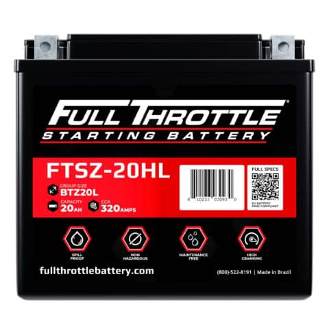 A Full Throttle starting battery FTSZ-20HL with specifications: 20Ah capacity, 320 CCA, non-hazardous, maintenance-free, high cranking, made in Brazil.