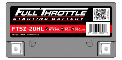 Image of a Full Throttle starting battery, model FTSZ-20HL. It has 20Ah capacity and 320 CCA amps. Made in Brazil with a barcode and contact number displayed.