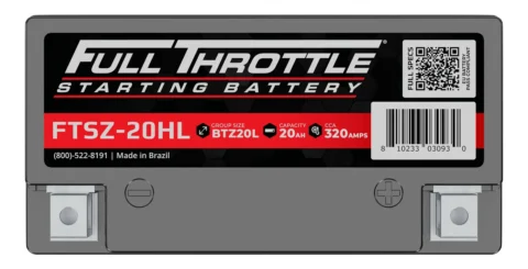 A Full Throttle starting battery labeled FTSZ-20HL with details: Group Size BTZ20L, Capacity 20Ah, CCA 320 Amps. Made in Brazil.