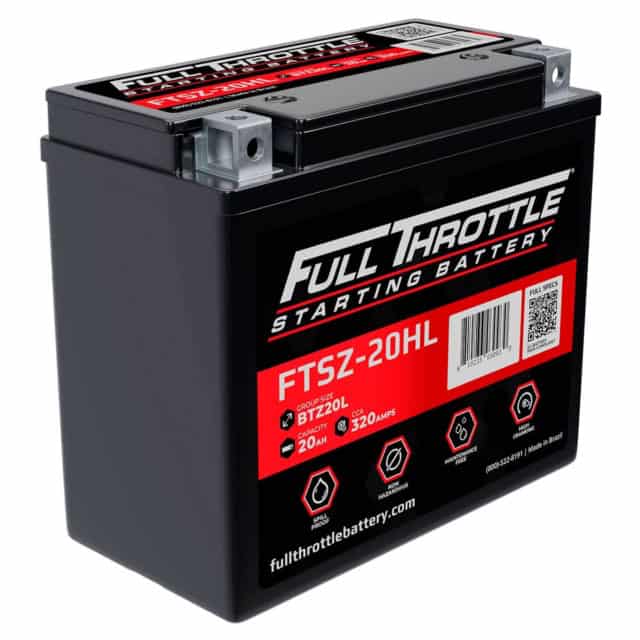 A black Full Throttle starting battery, model FTSZ-20HL, with red and white labeling, displaying specifications like Group Size 20L, 12V, 20Ah capacity, and 320 amp rating.