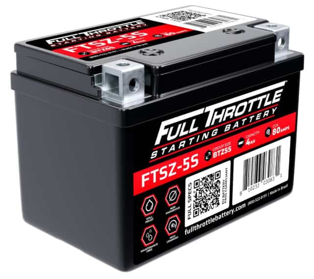 A Full Throttle FTSZ-5S starting battery with specifications on the label, including 12V and 80 CCA, in a black casing with red accents.