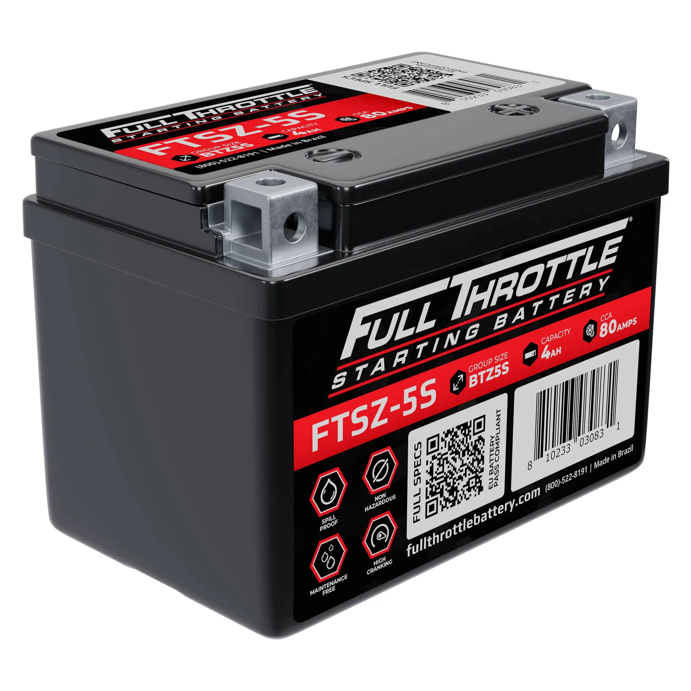 Black Full Throttle starting battery with model number FTSZ-5S, featuring specs like 12 volts and 80 amps.