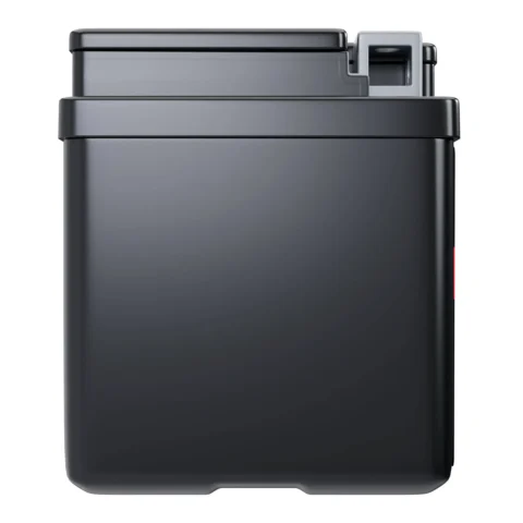 A rectangular black container with a secure lid, featuring a small latch on the top right corner.