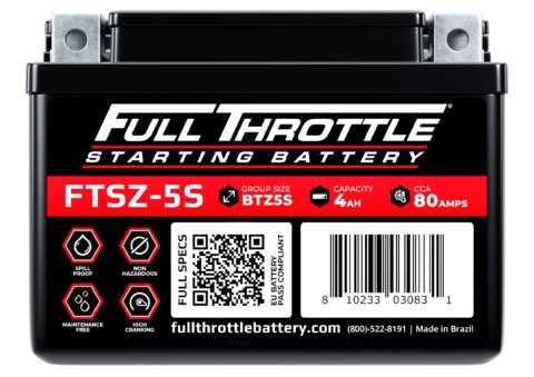 Close-up of a Full Throttle starting battery with label FTSZ-5S, 4Ah capacity, 80 CCA. Includes QR code, barcode, and contact info at the bottom.