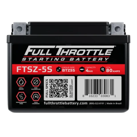 Full Throttle starting battery, model FTSZ-5S, with 4Ah capacity and 80 cold cranking amps. QR code and contact info visible. Made in Brazil.