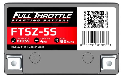 Label of a Full Throttle starting battery, model FTSZ-5S, with a 4Ah capacity and 80 CCA amps. Includes QR code and "Made in Brazil" text.