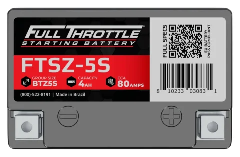 Image of a Full Throttle starting battery labeled FTSZ-5S. Details include group size BTZ5S, 4Ah capacity, 80 amps CCA, and made in Brazil. Features two terminal connections.